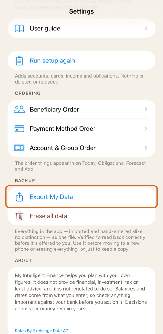 Open Settings and tap Export My Data.