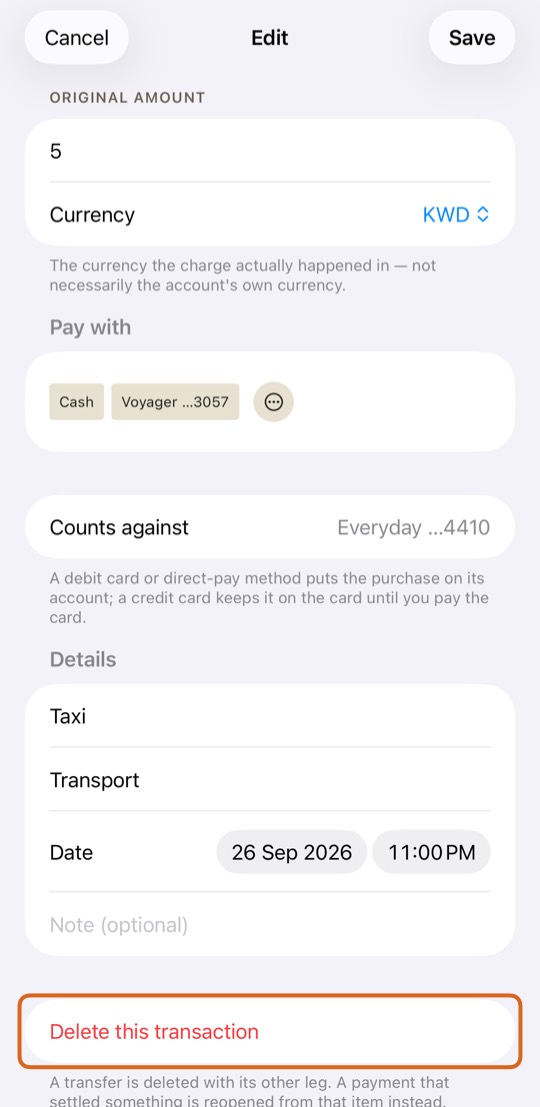To remove it, tap Delete this transaction and confirm.
