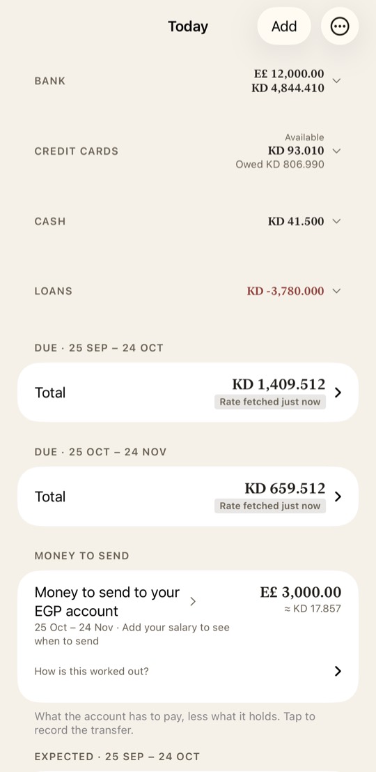 At the top, Bank, Credit cards, Cash and Loans show what you hold and owe. Tap one to see each account.