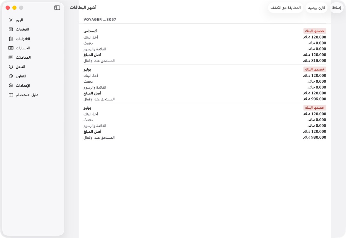 يجب أن ترى الآن أشهر البطاقات: الدين على البطاقات التي ترحّل رصيدها من شهر لآخر، ثم كشوف كل بطاقة. وصف دين البطاقات في اليوم يقول كيف تغيّر ذلك الدين منذ آخر كشف.