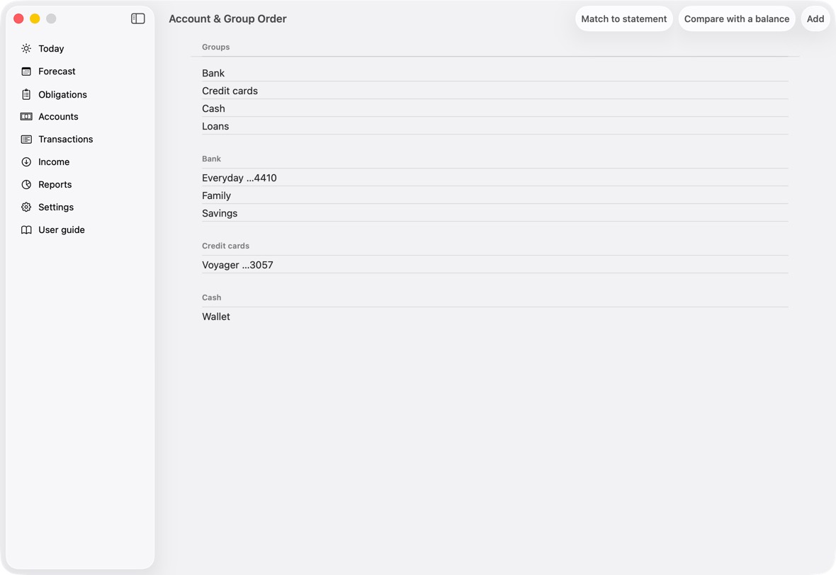 Open Settings. Under Ordering, click Account & Group Order, and drag each account or card to its place.