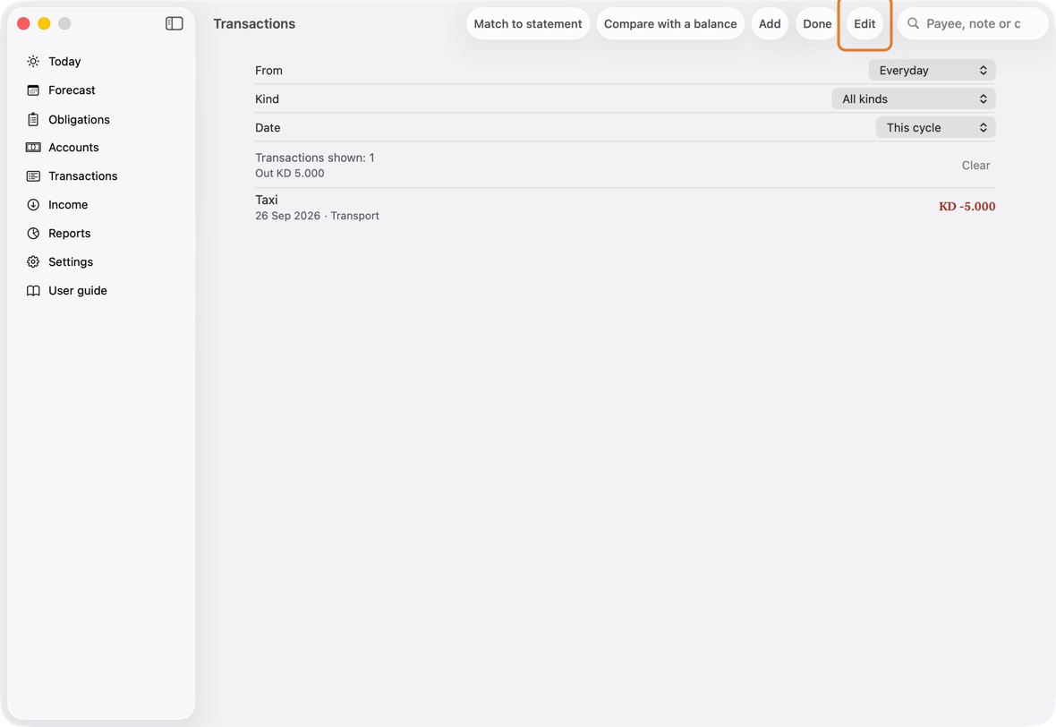 Open Accounts and click the account. Its transactions open; click Edit.