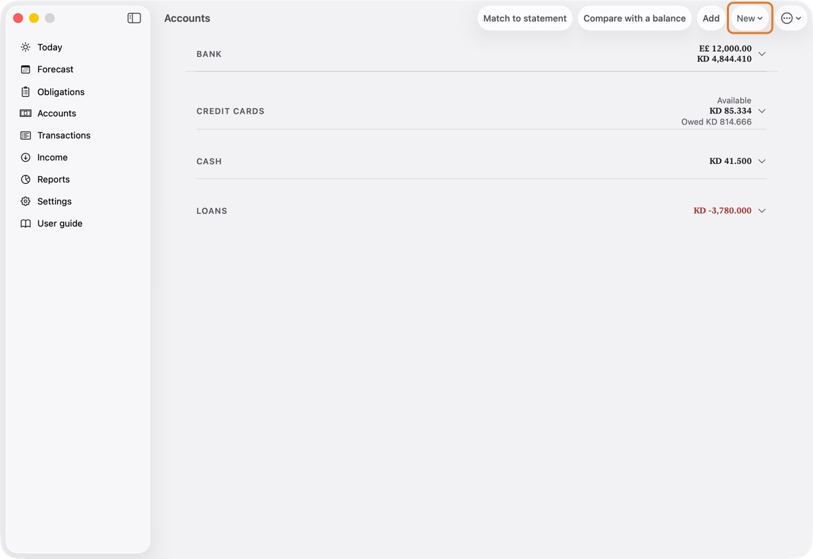 Open Accounts and click New, then New account.