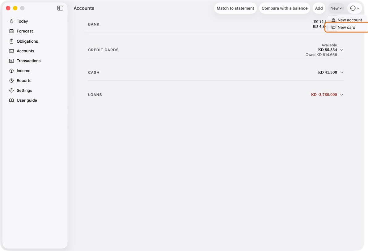 Open Accounts and click New, then New card.