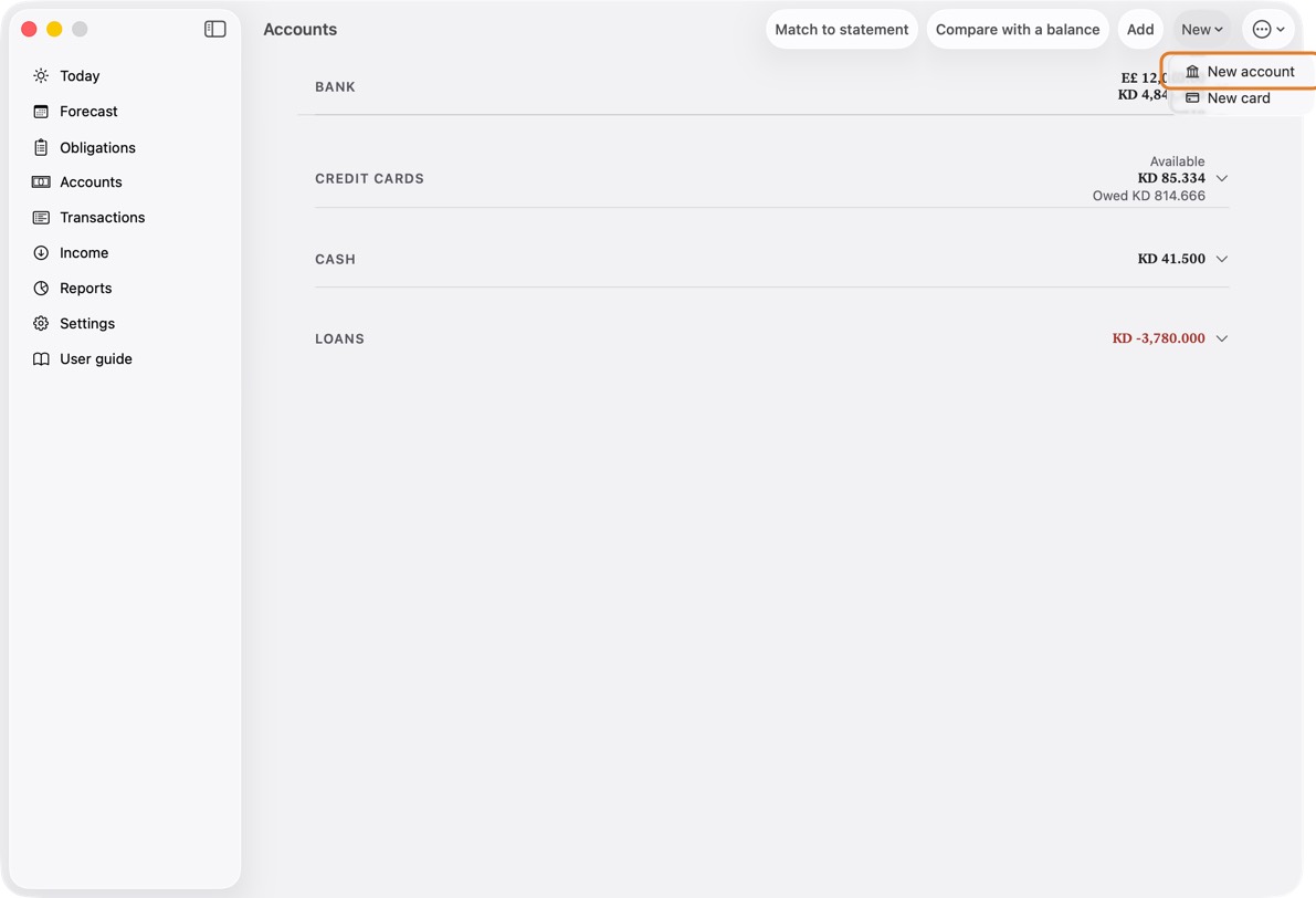 Open Accounts and click New, then New account.