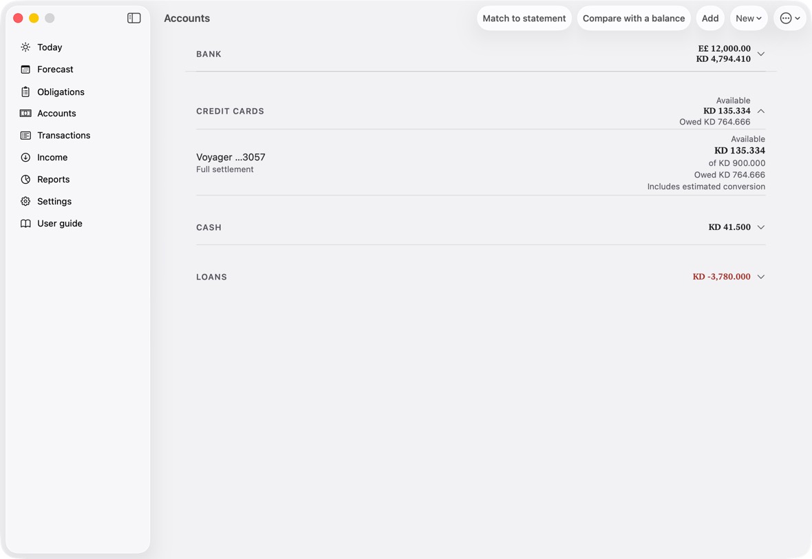 You should now see the card owing less on Accounts, and its Available higher. Paid in past what it owed, it says In credit.