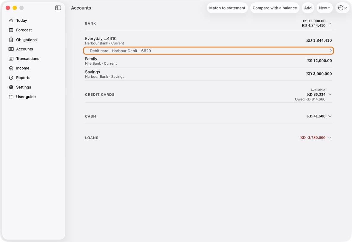You should now see the card under its account, and under Pay with when you record a purchase. It has no balance of its own: what it pays comes off its account.