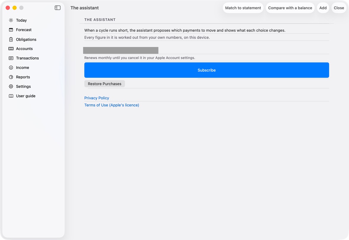 The assistant asks for a subscription, at the price shown in the app.