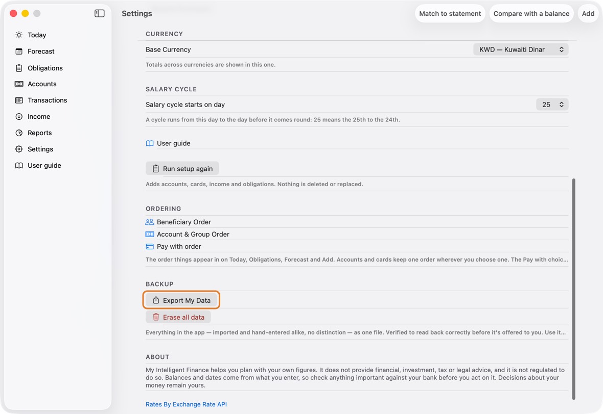 Open Settings and click Export My Data.