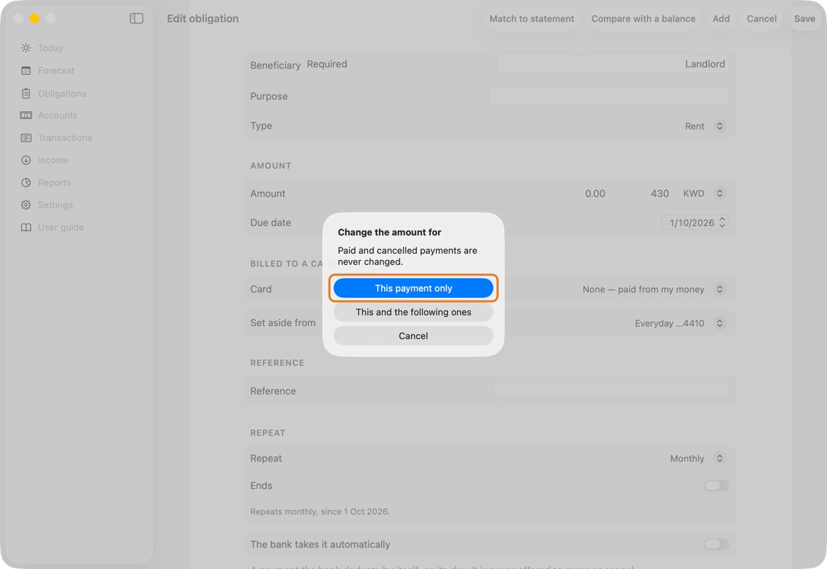 Choose This payment only, or This and the following ones.