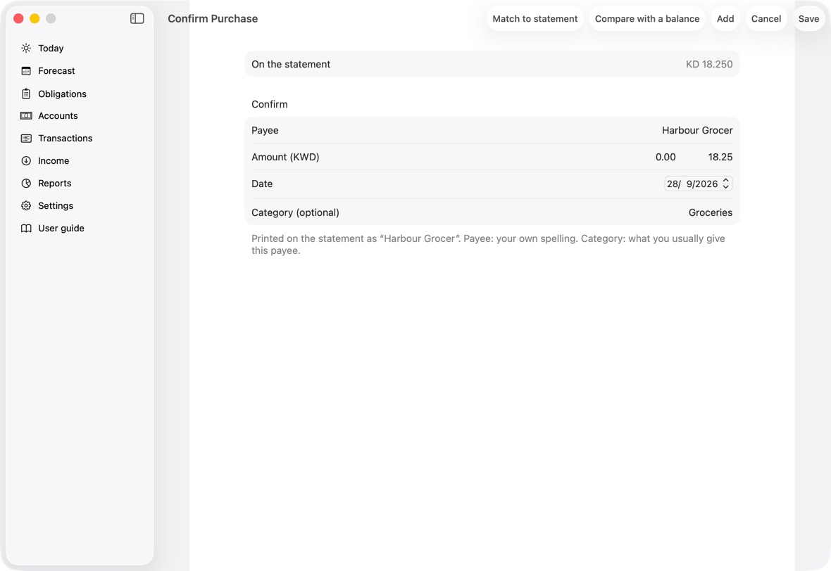 Click each line to confirm it: Confirm Purchase for a purchase, Confirm Payment for a payment.