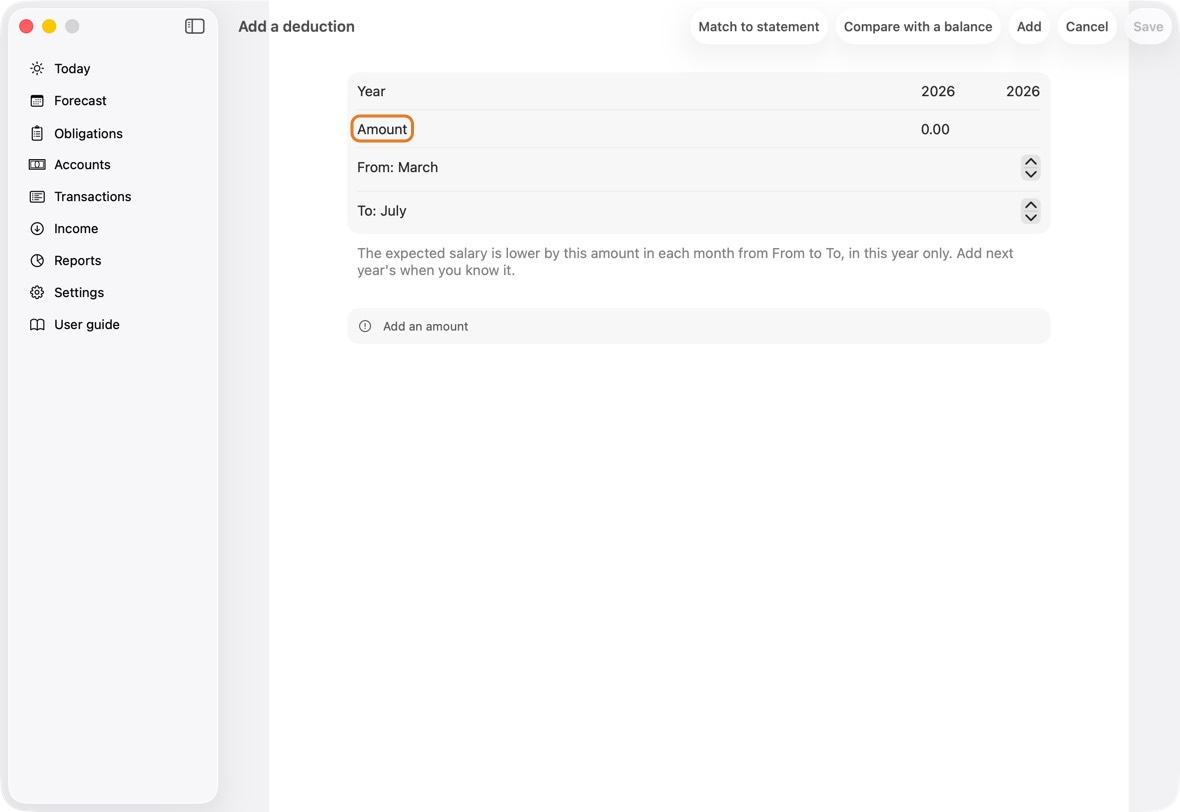 Type the Year and the Amount, set the months with From and To, and click Save.