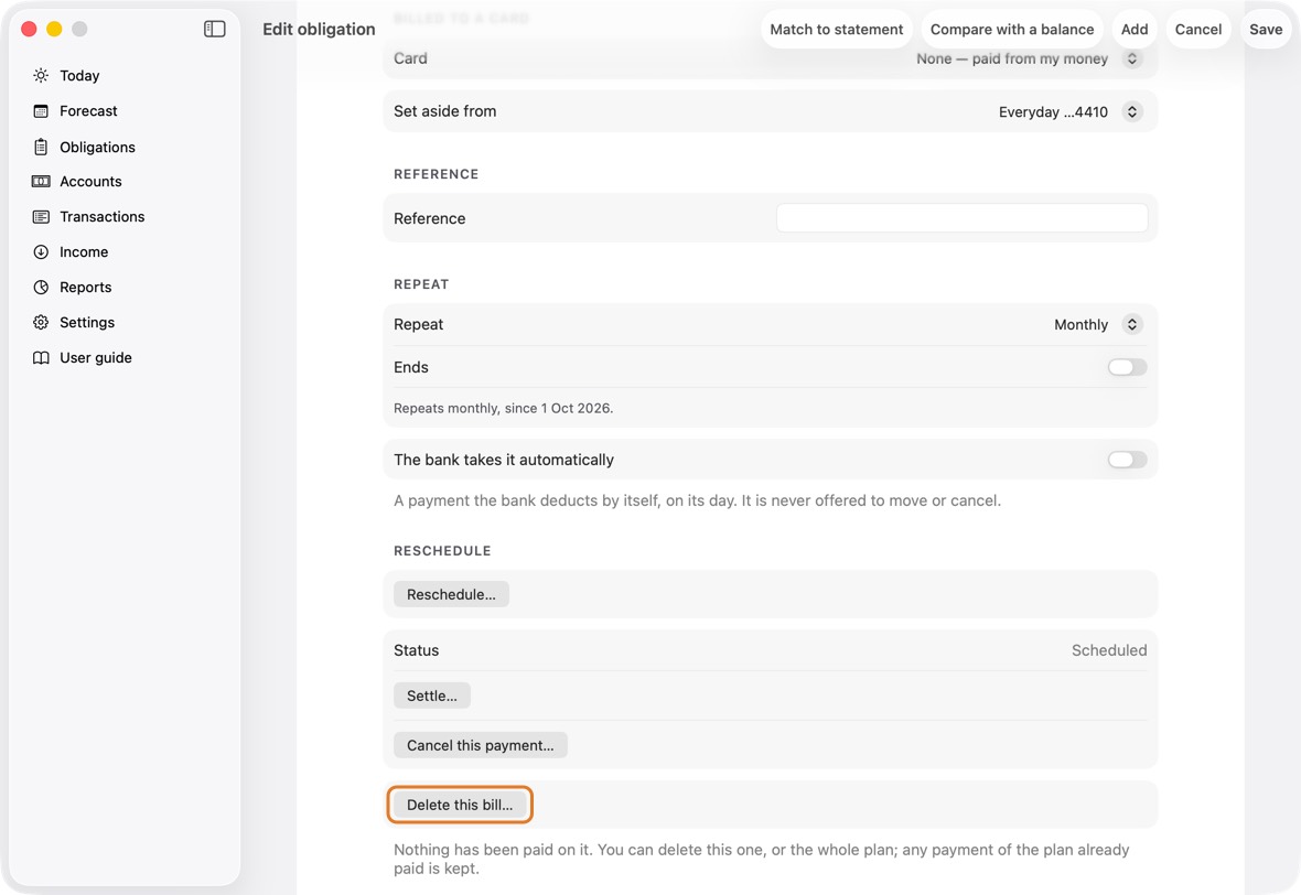 To delete a bill nothing has been paid on, click Delete this bill… at the bottom. Choose this one or the whole plan; Keep it changes nothing.