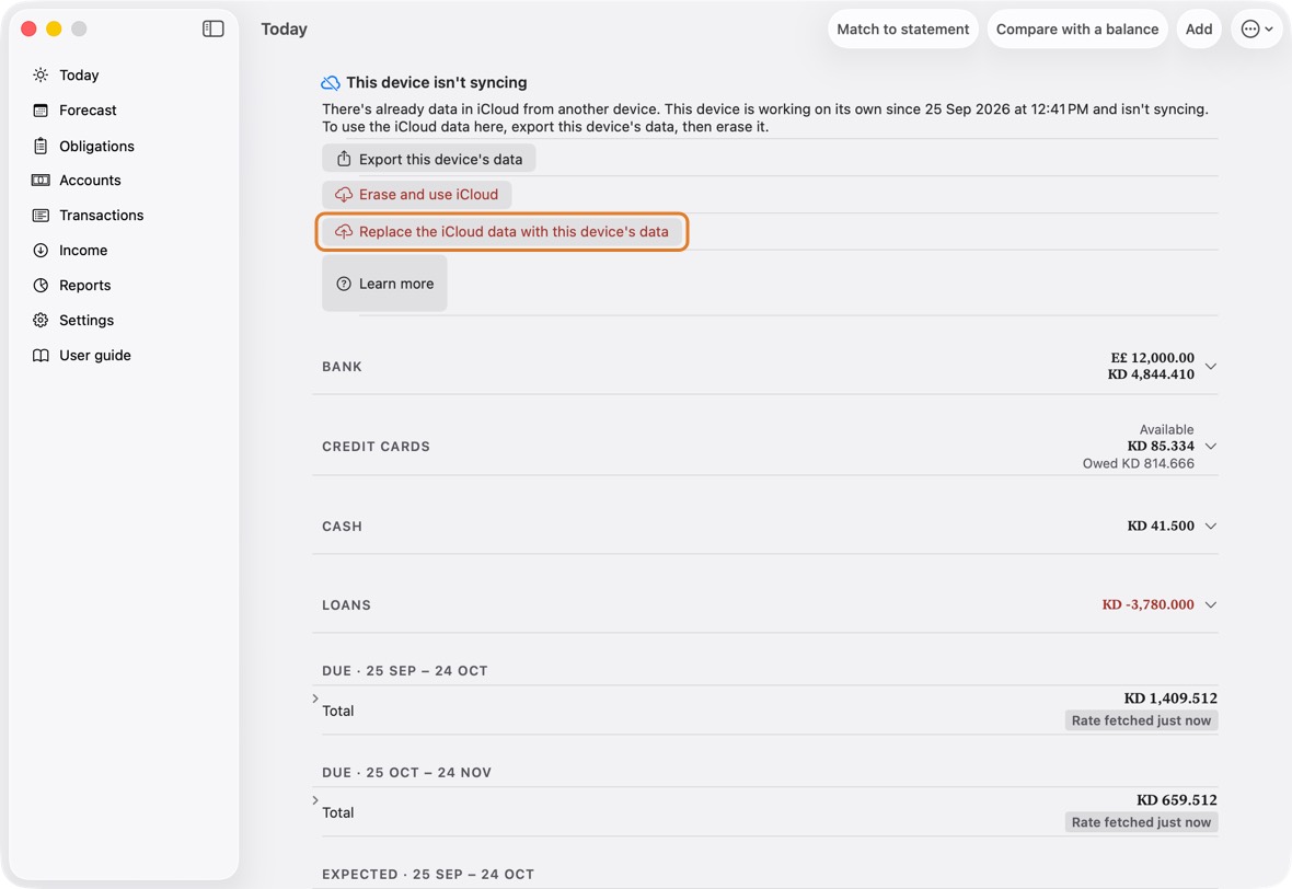 Use this on a device set up on its own when the data in iCloud is old (an earlier try, or test data) and this device's is the one to keep. On every other device that still holds data you want, export it there first.
