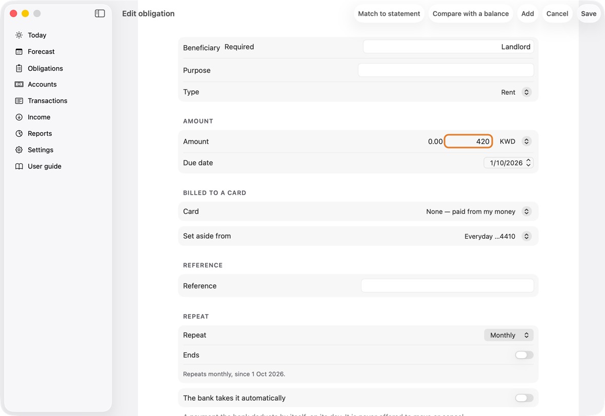 Type the new amount and click Save.