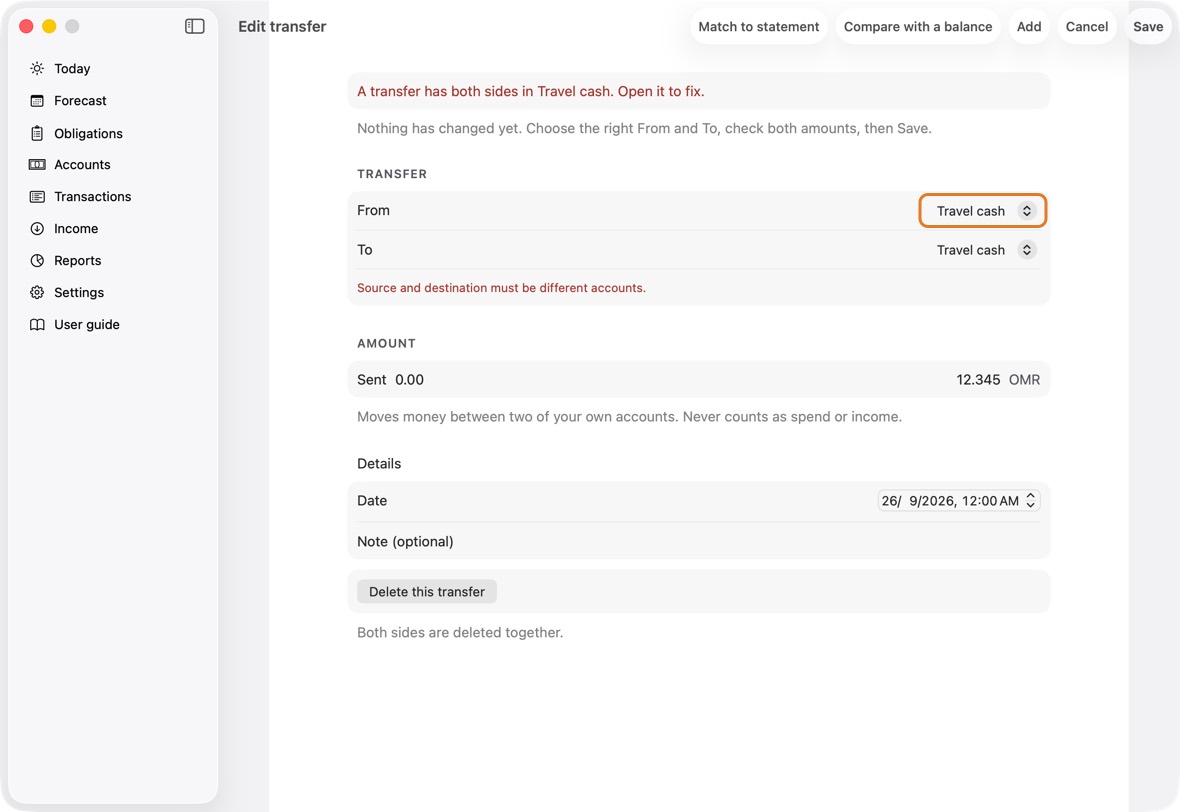 Set From to the account the money left, and To to the one it arrived in. Check Sent and Received, then click Save.