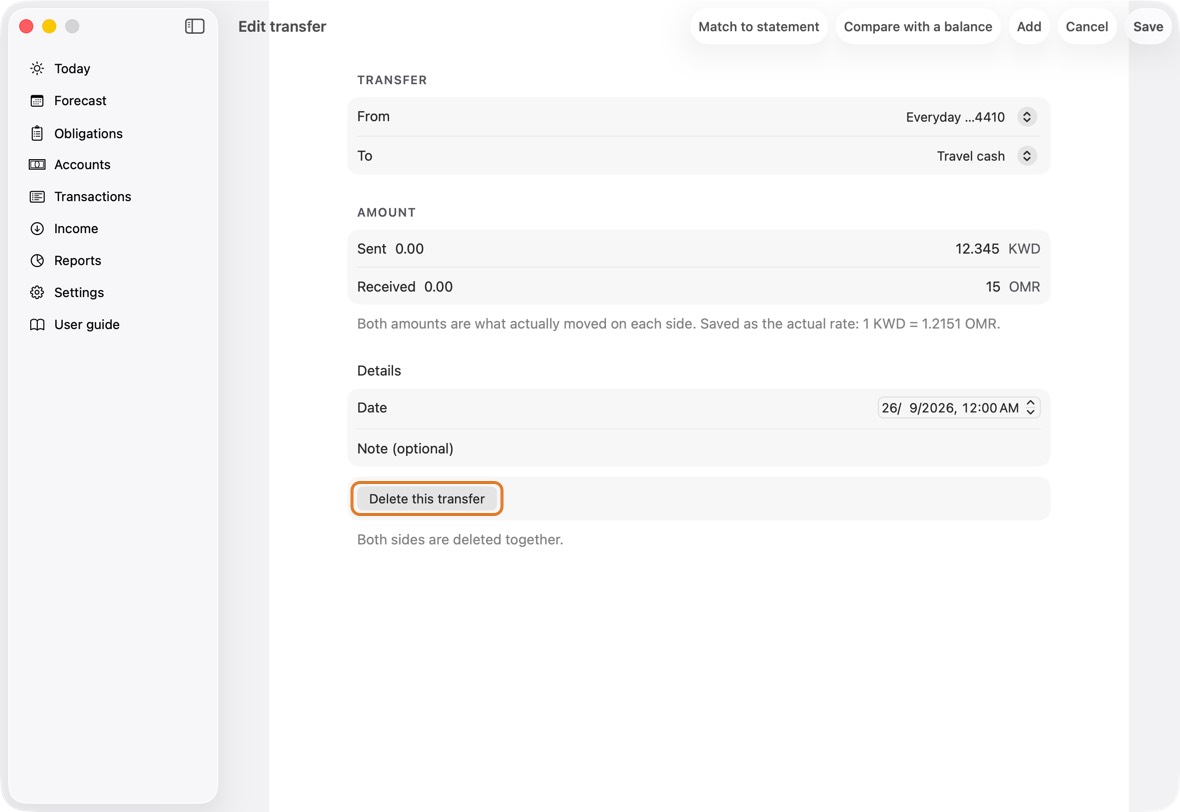 To remove it, click Delete this transfer and confirm. Both sides go.