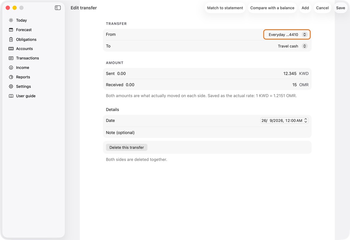 Change From, To, Sent or Received, and click Save. Both sides change together; the account changes only through From and To.