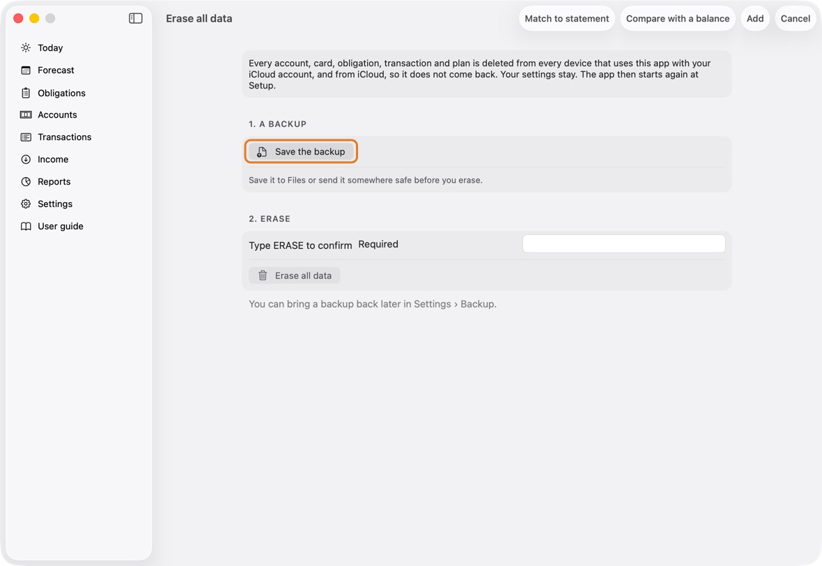 Click Export a backup first, then Save the backup.