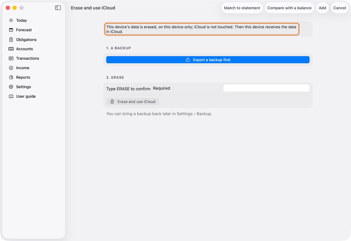 Click Erase and use iCloud, type the word it asks for, then click Erase and use iCloud. Only this device's data is erased; iCloud is not touched.