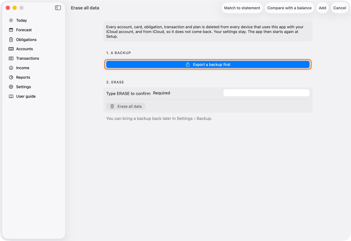 Click Export a backup first, then Save the backup.