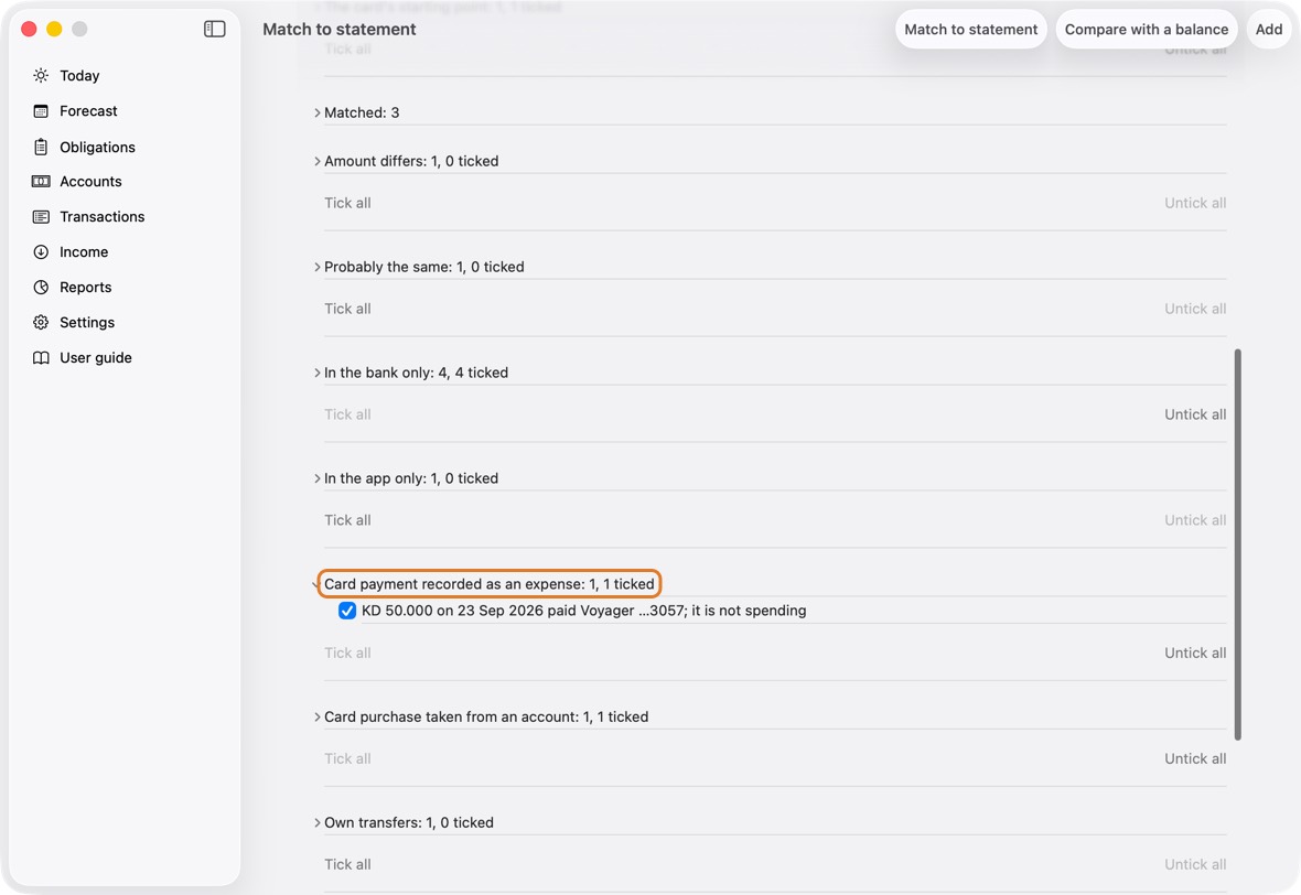 Card payment recorded as an expense: A payment to a card saved as ordinary spending. Starts ticked; applying turns it into a payment of the card's bill, so the card's figure goes down too.