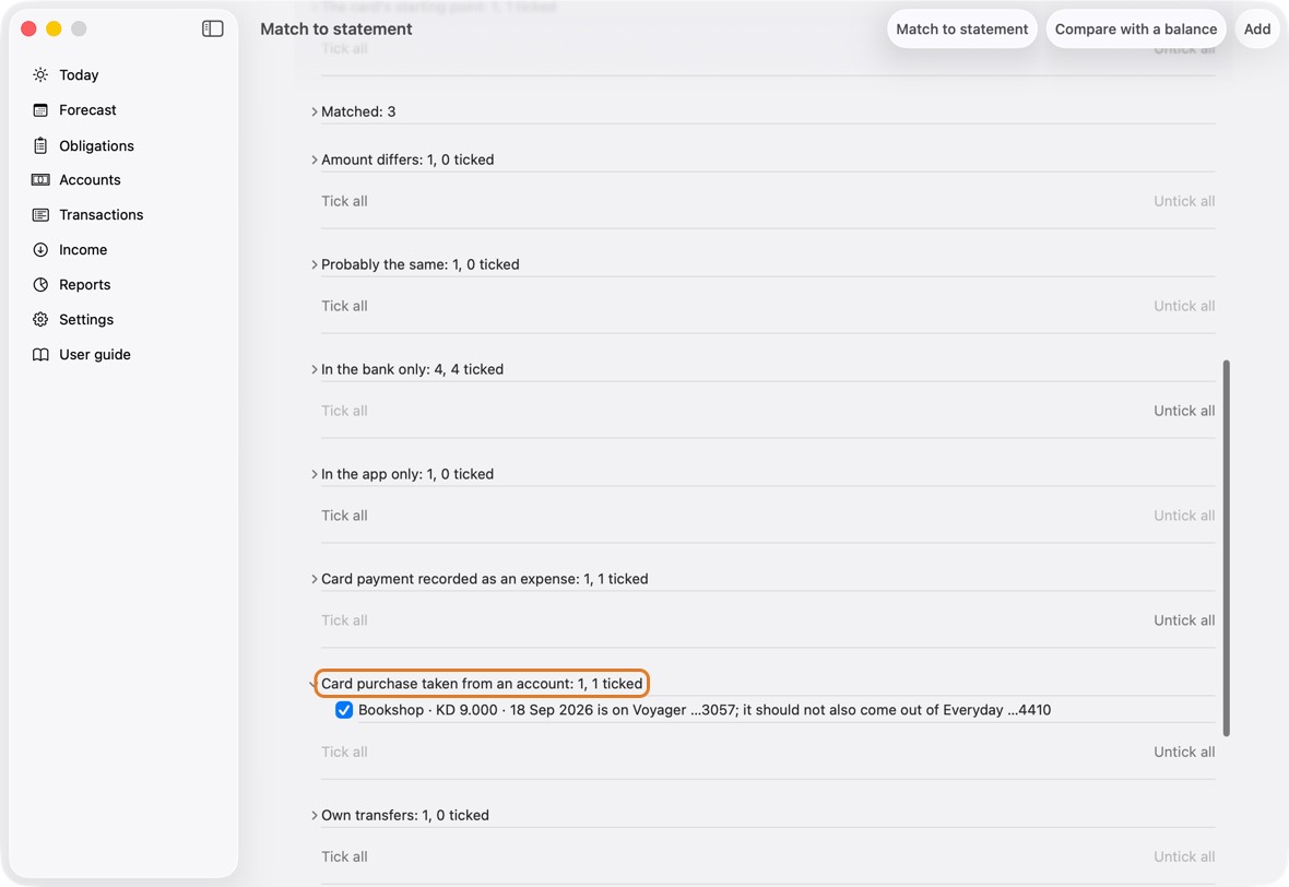 Card purchase taken from an account: A card purchase that also came out of an account. Starts ticked; applying leaves it on the card only.