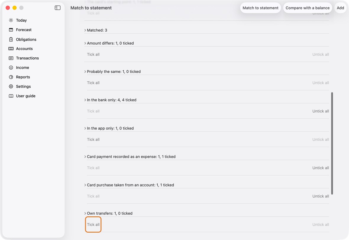 Each group has Tick all and Untick all: one click for every line in it.