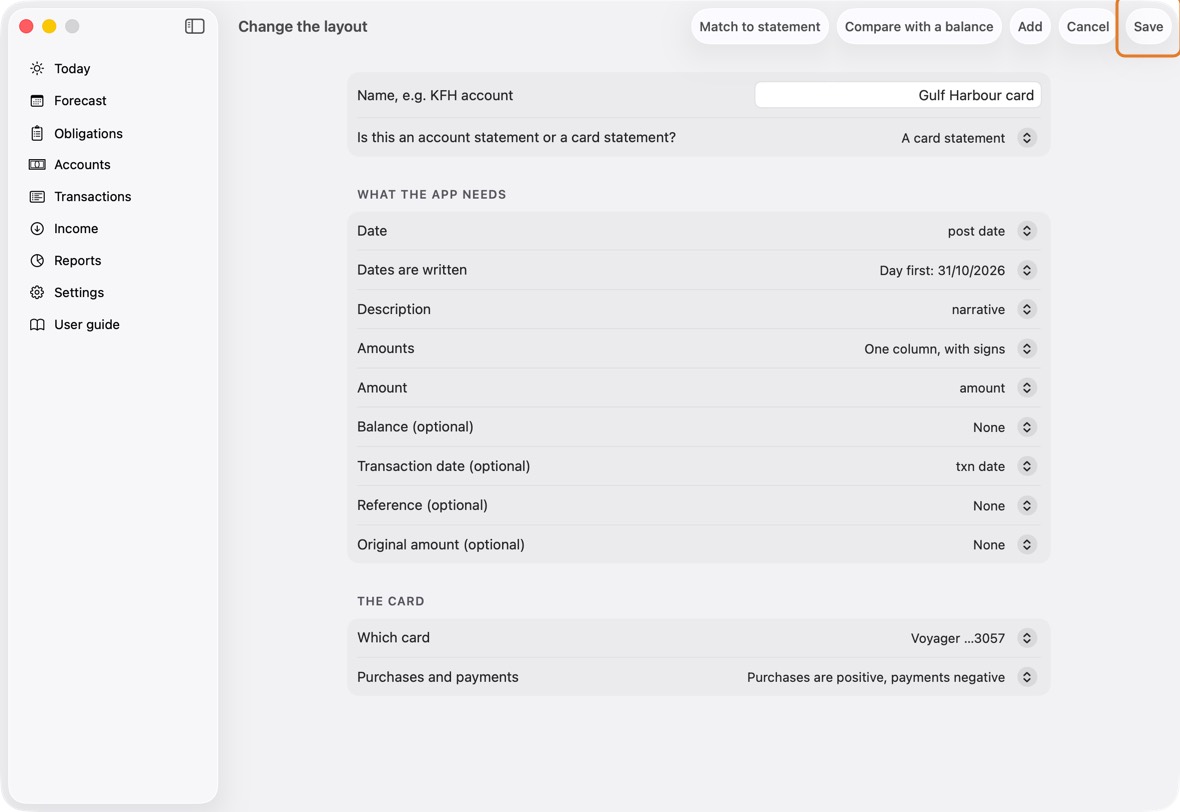 Click a layout to change its name, kind, columns or card, and click Save.