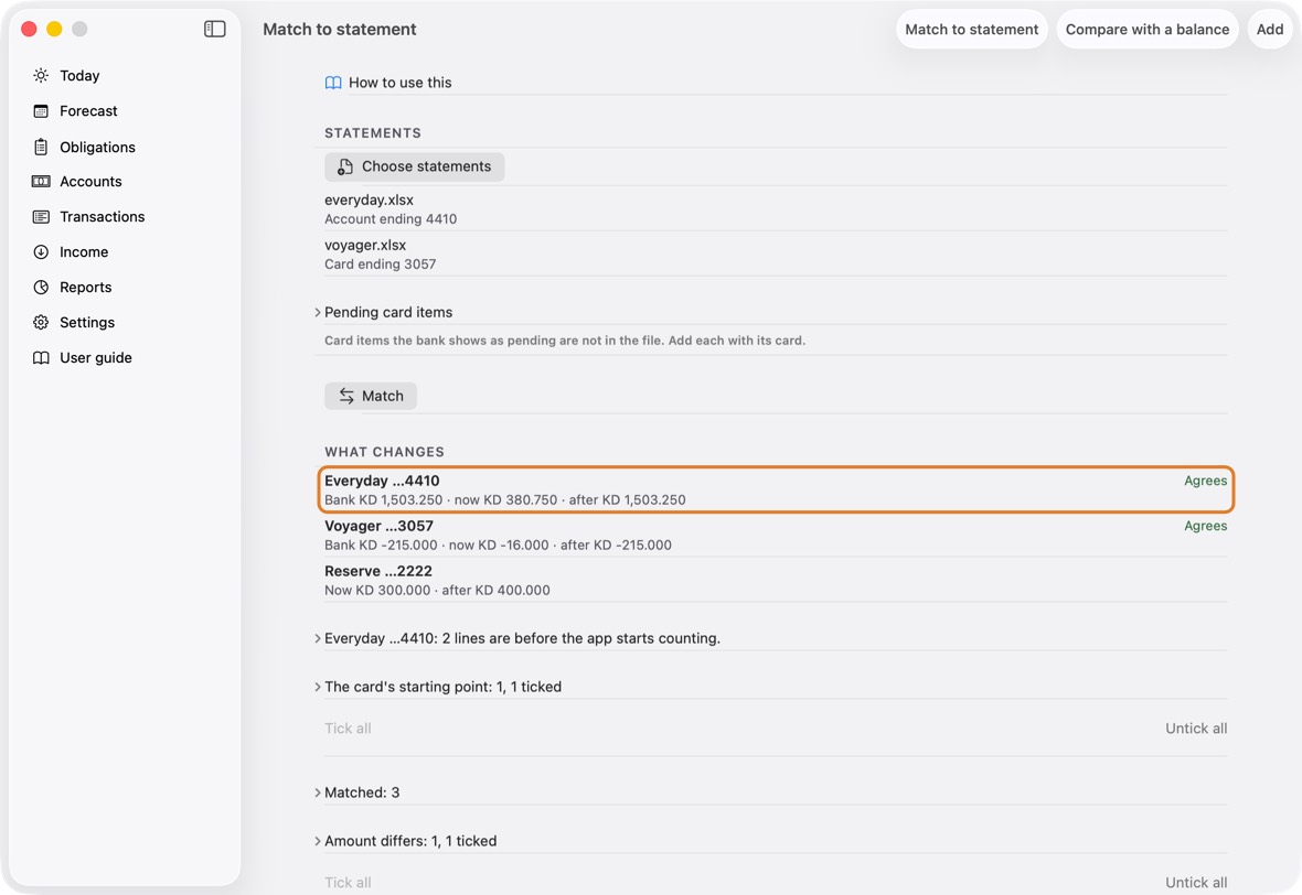 You should now see the card agree with the bank's figure, pending items included.