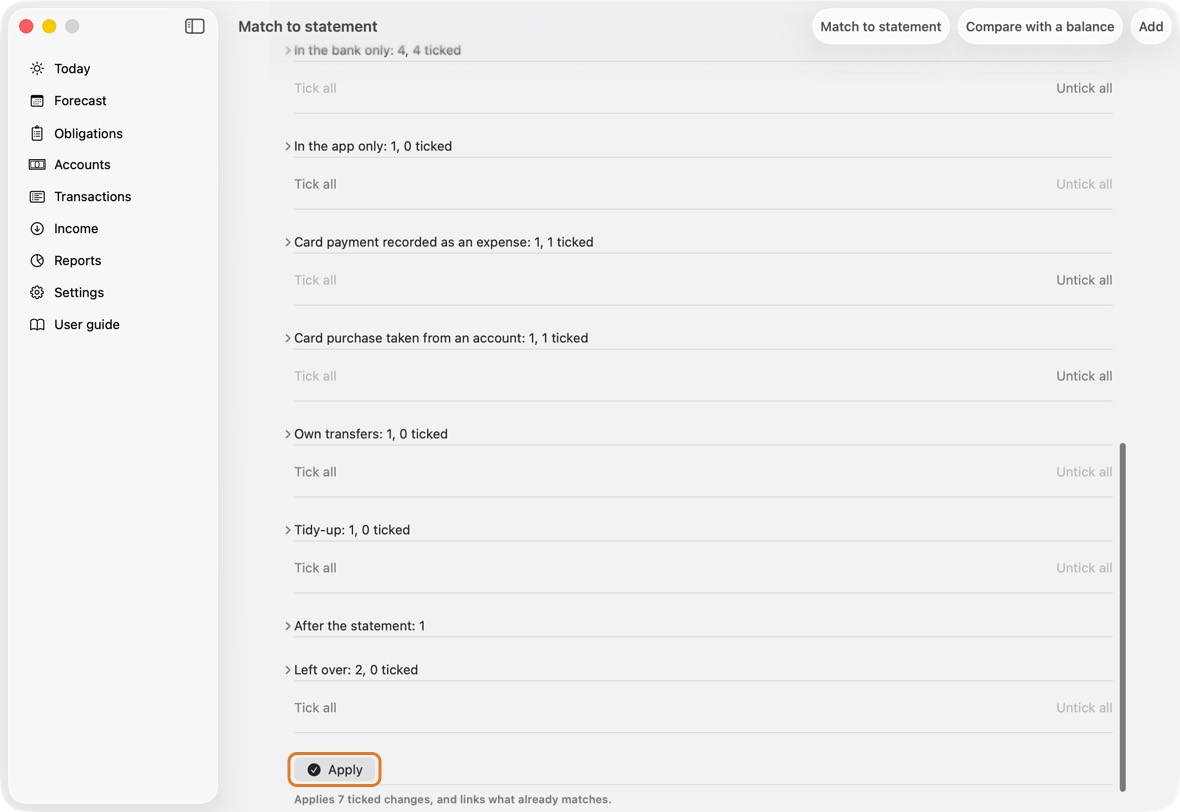 When every row in What changes shows Agrees, or you know why one doesn't, click Apply. Confirm. Nothing you left unticked changes.