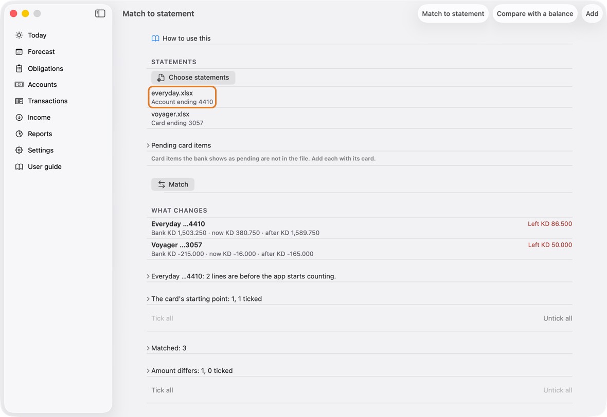 You should now see each file under Choose statements, with the account or card it was placed on.