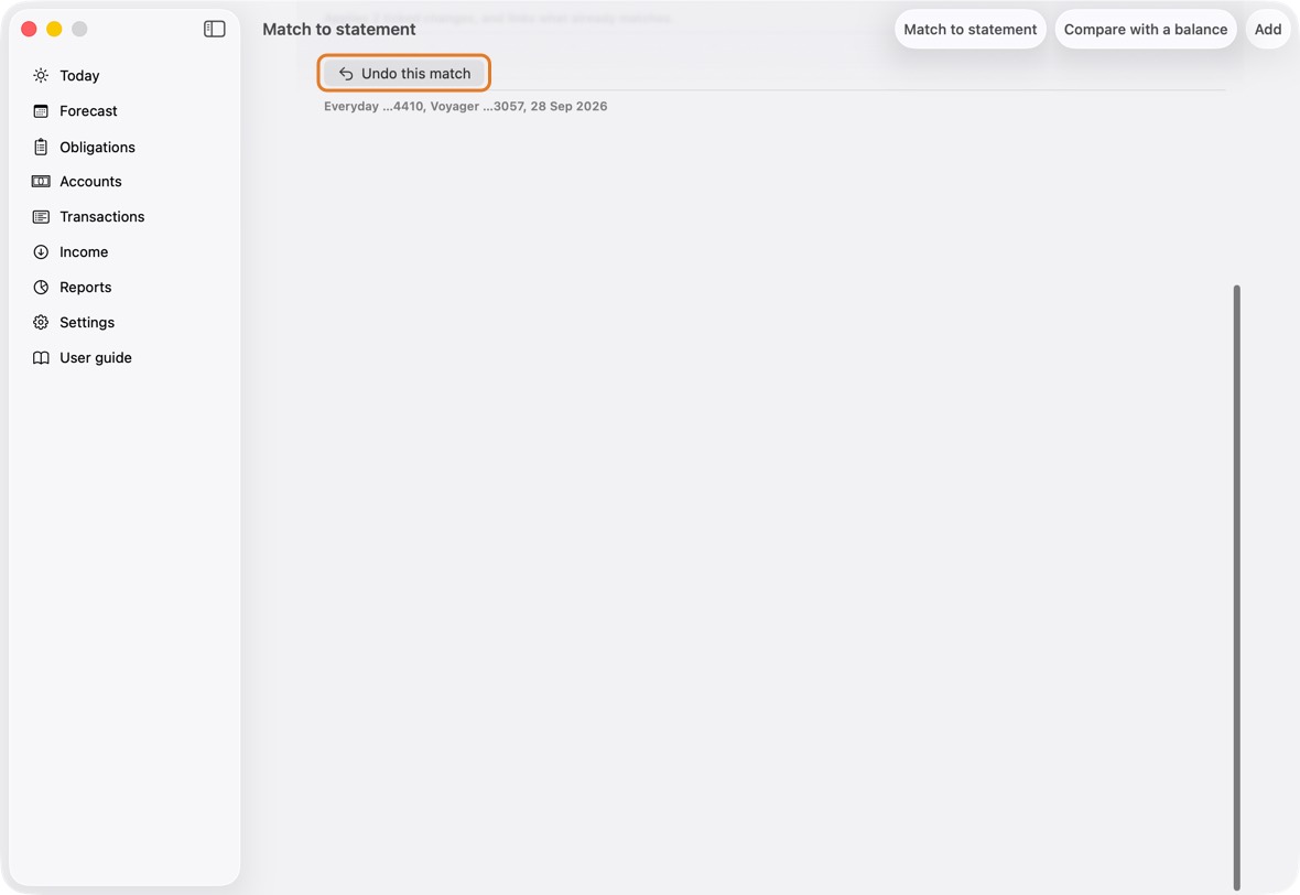 At the bottom of Match to statement, click Undo this match, and confirm. Everything the match added, changed or deleted goes back as it was.