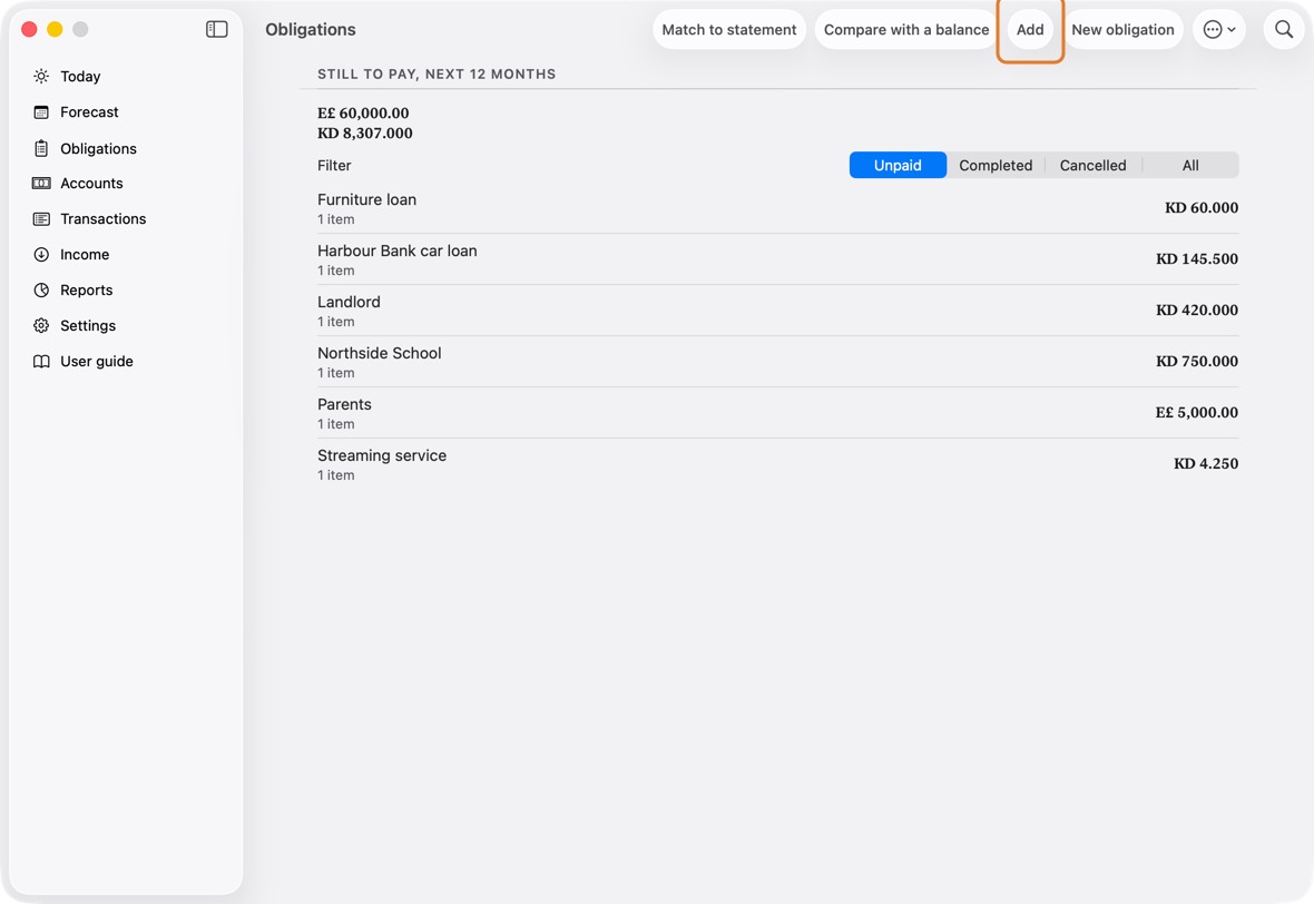 Open Obligations and click New obligation.