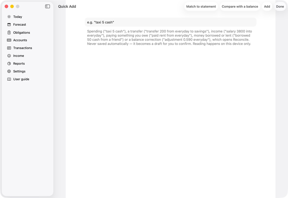 Click Scan a receipt and take a photo, or click Type it in words and write, for example, "taxi 5 cash".