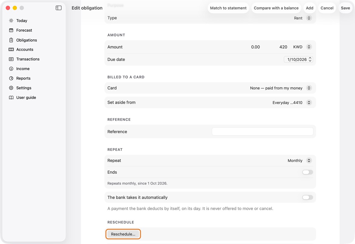 Open the payment: in Obligations, click the payee, then the payment. From Today or the Forecast, click it.