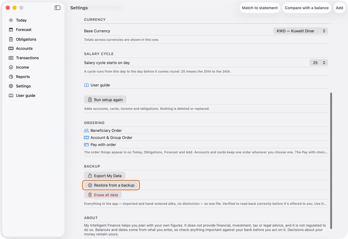 Open Settings and click Restore from a backup.