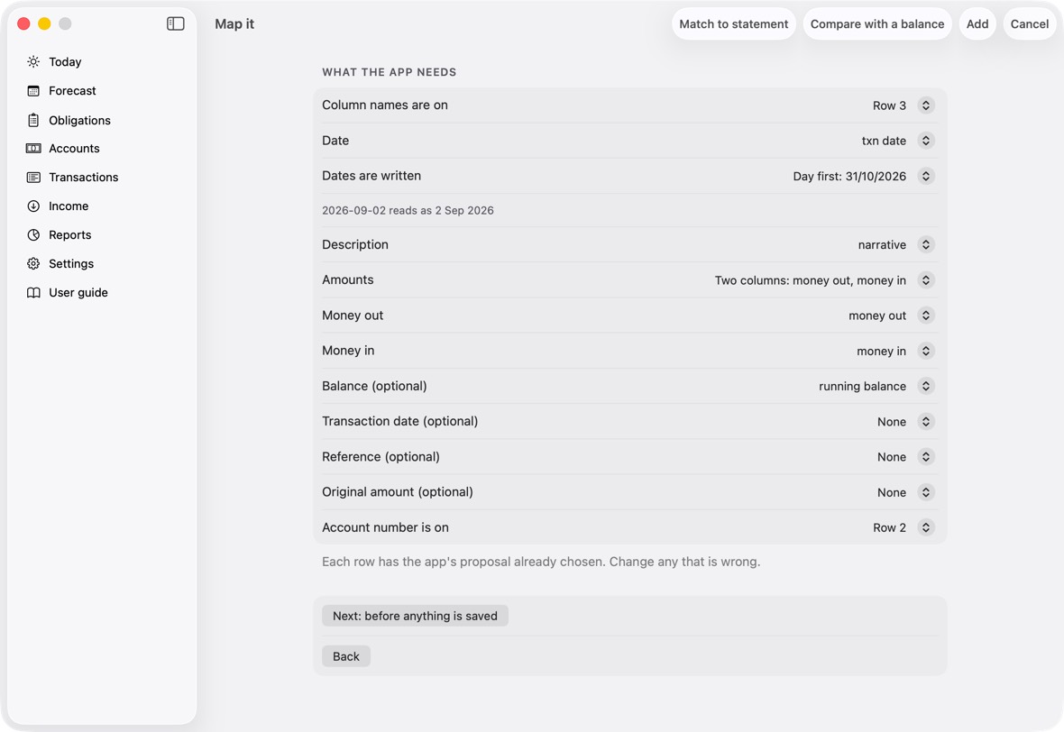 Map it, an account's: check the date (an example shows how it reads), the description and the amounts, and the line with the account number. Each row has the app's proposal already chosen.
