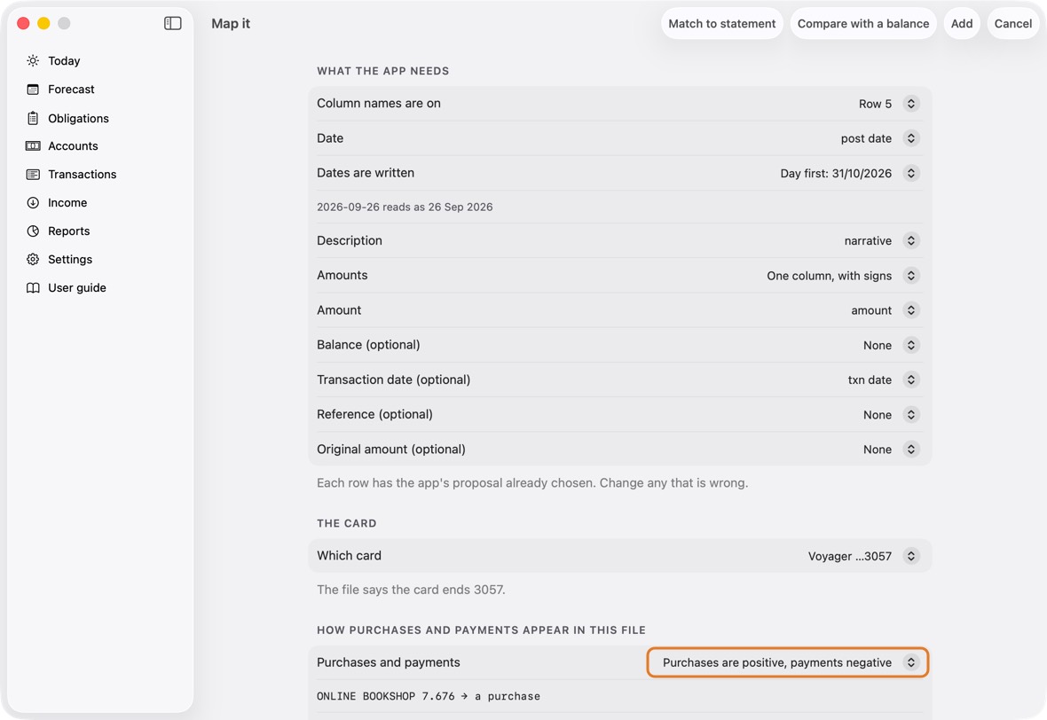 Map it, a card's: choose Which card, then how Purchases and payments appear: two rows from the file show how they read. Check the Statement balance, type it, or choose I don't have it.