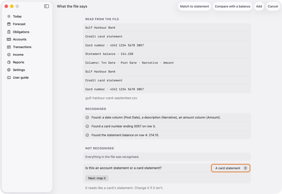 What the file says: check what was read, what is Recognised and what is Not recognised. Say whether it is an account statement or a card statement, then click Next: map it.