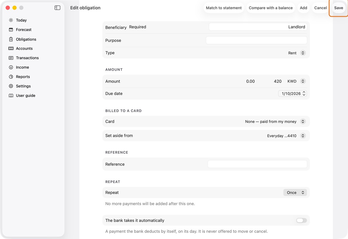 To stop it repeating, set Repeat to Once and click Save, then Stop repeating. This payment stays; the later ones go.