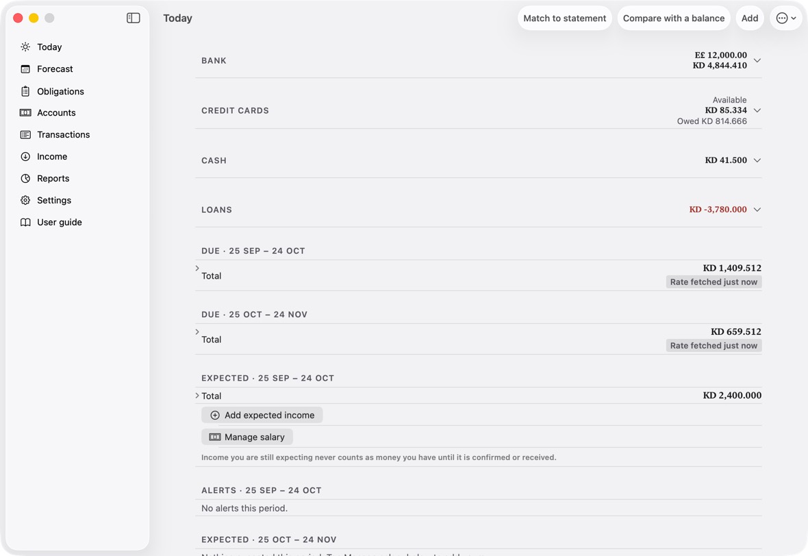 On a Mac without it (a Mac with an Intel processor), or with it off, these work fully: everything you record by hand; Today and Forecast; obligations, loans and debts; Match to statement with Excel (.xlsx) and CSV statements; the advisor's calculation and its suggestions; and Siri, every phrase.