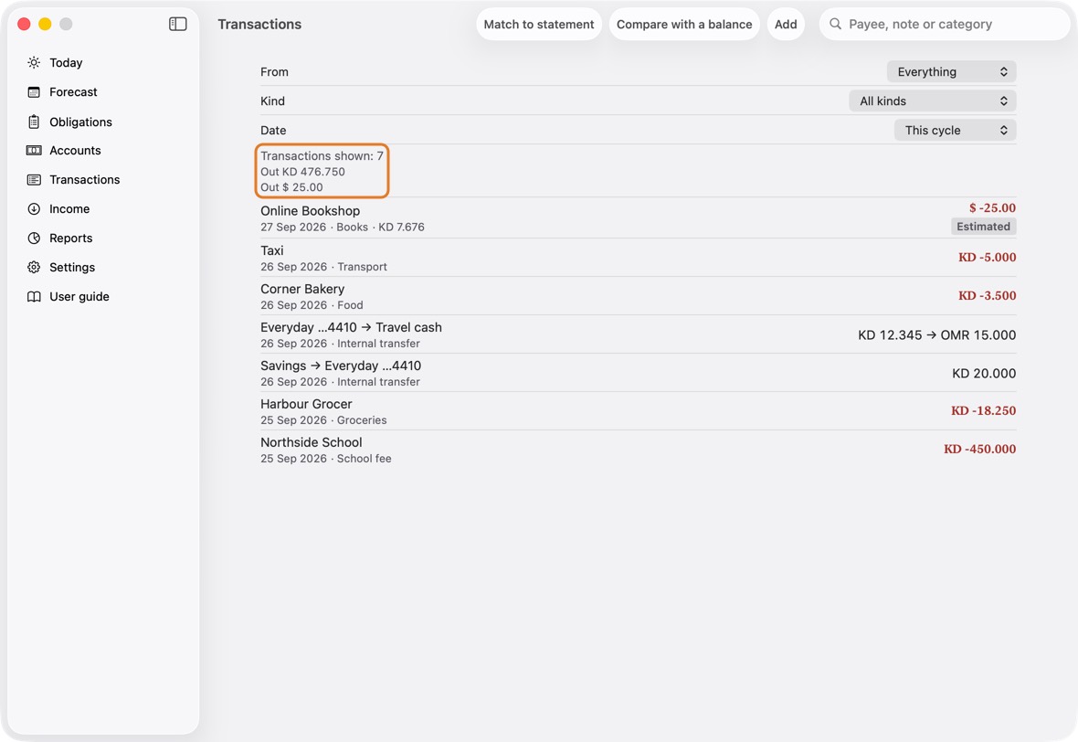 You should now see the transfer as one row with your change, and each account with its own side.