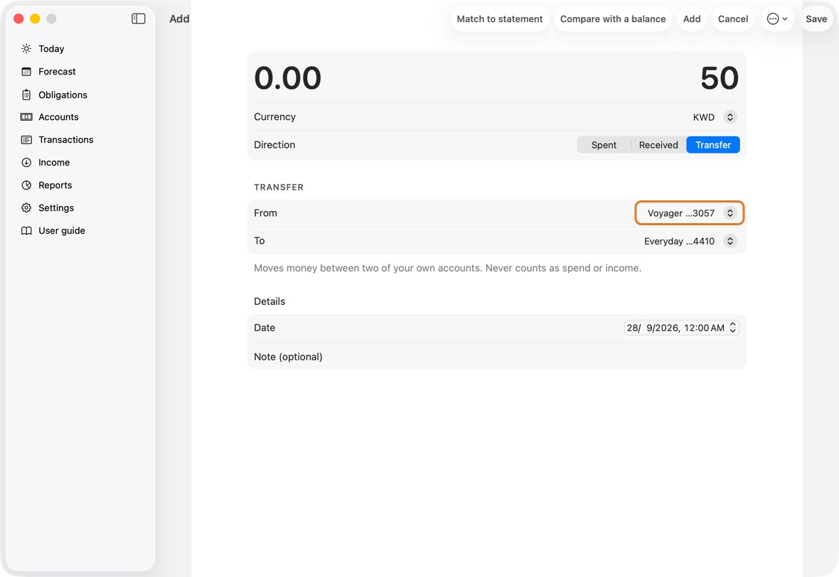 Click Add and choose Transfer. In From, choose the card; in To, the account the money goes into.